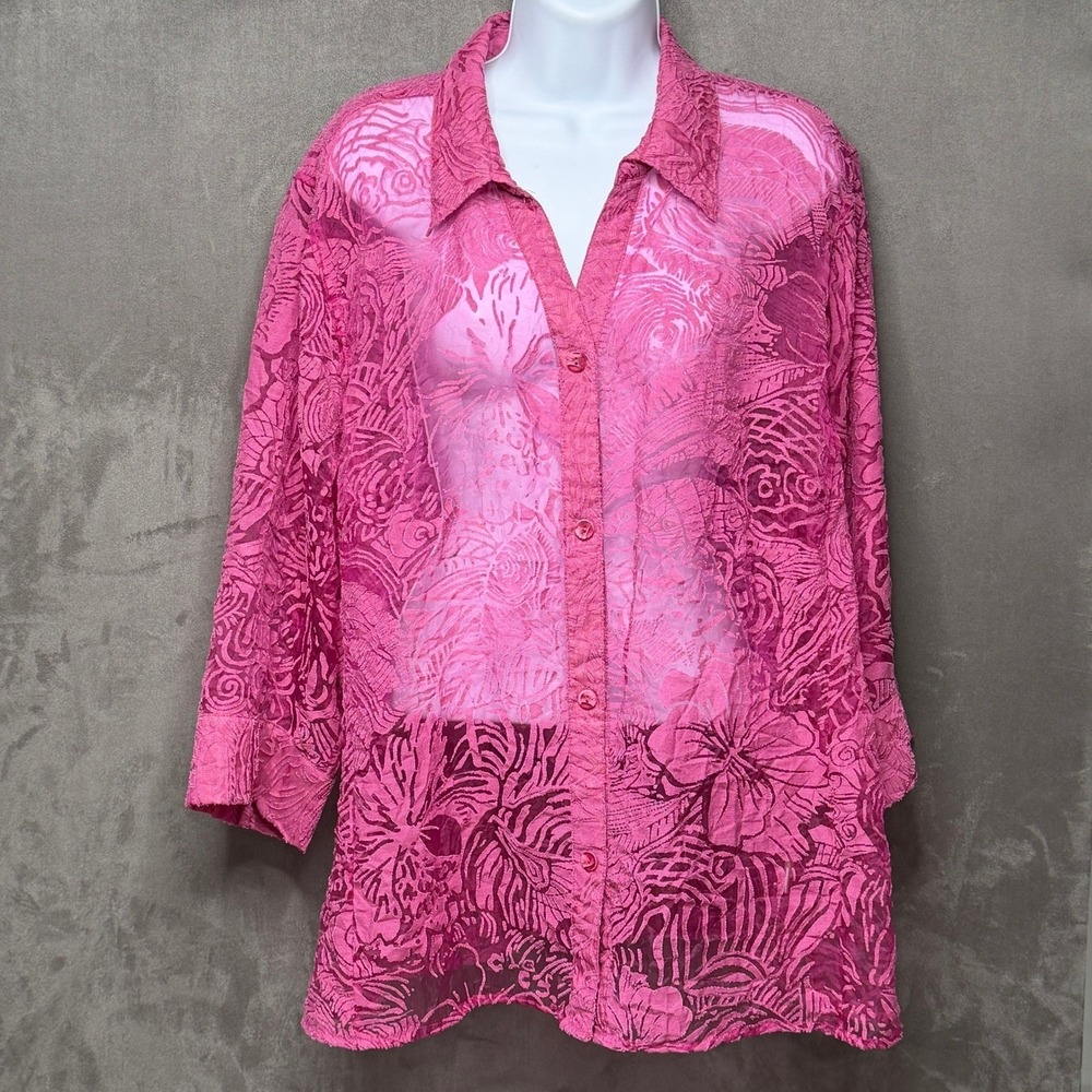 Vtg Y2K CJ Banks Button Down Top Womens 2X Pink Floral Burnout Sheer 3/4 Sleeve